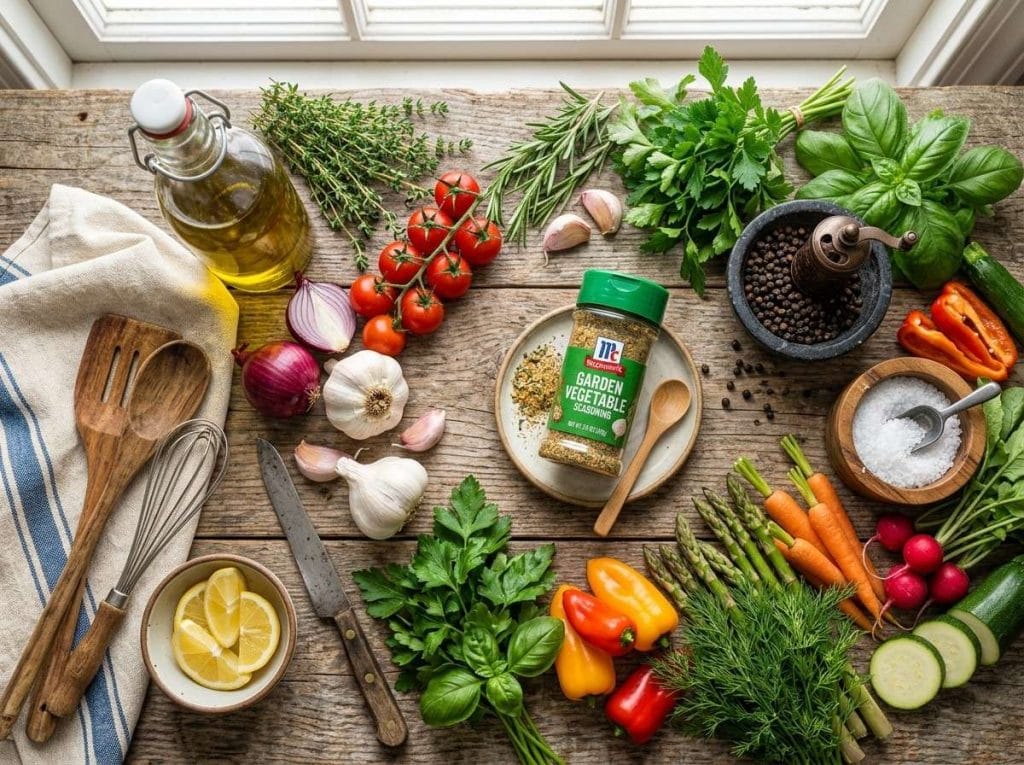 McCormick Garden Vegetable Seasoning bottle displayed beside fresh garden vegetables on a wooden kitchen countertop.
