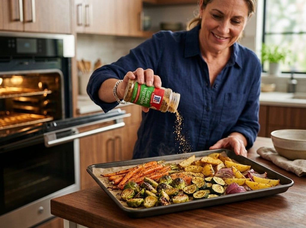 McCormick Garden Vegetable Seasoning with fresh carrots, broccoli, zucchini, and bell peppers ready for cooking.