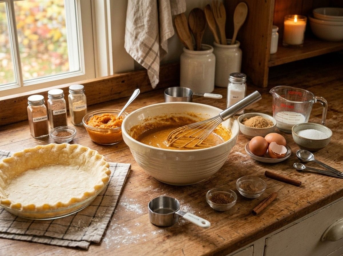 Old Fashioned Pumpkin Pie Recipe featuring a freshly baked pie cooling on a kitchen counter before serving.