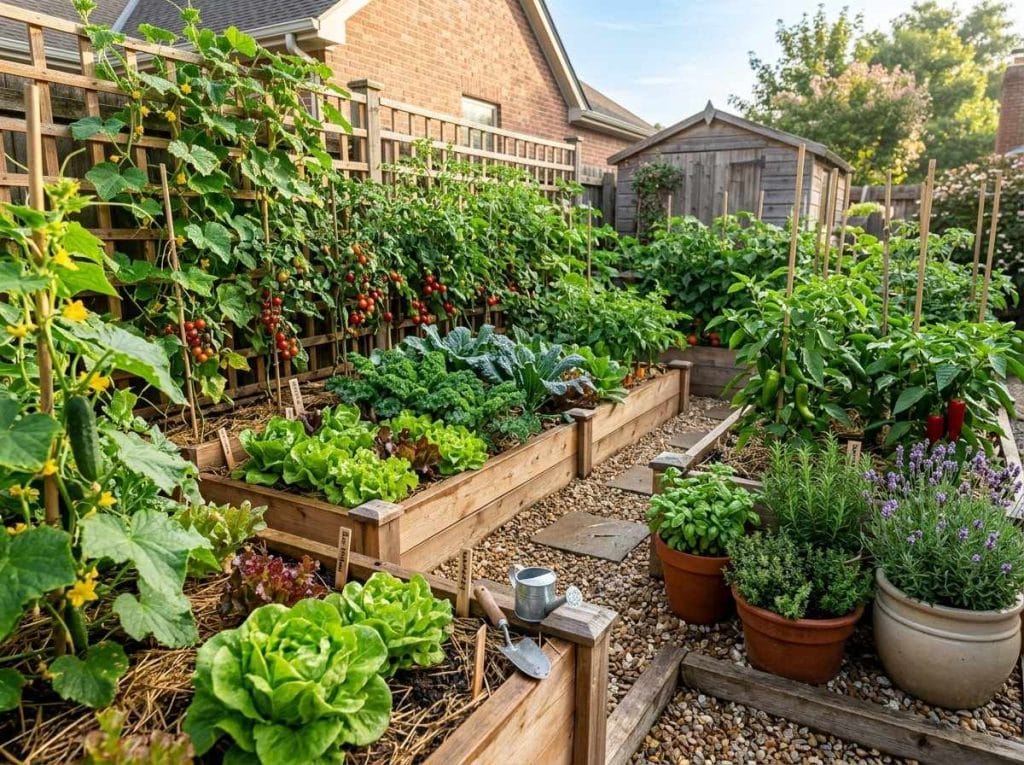 Small Vegetable Garden Ideas featuring raised beds filled with vegetables in a compact backyard space.