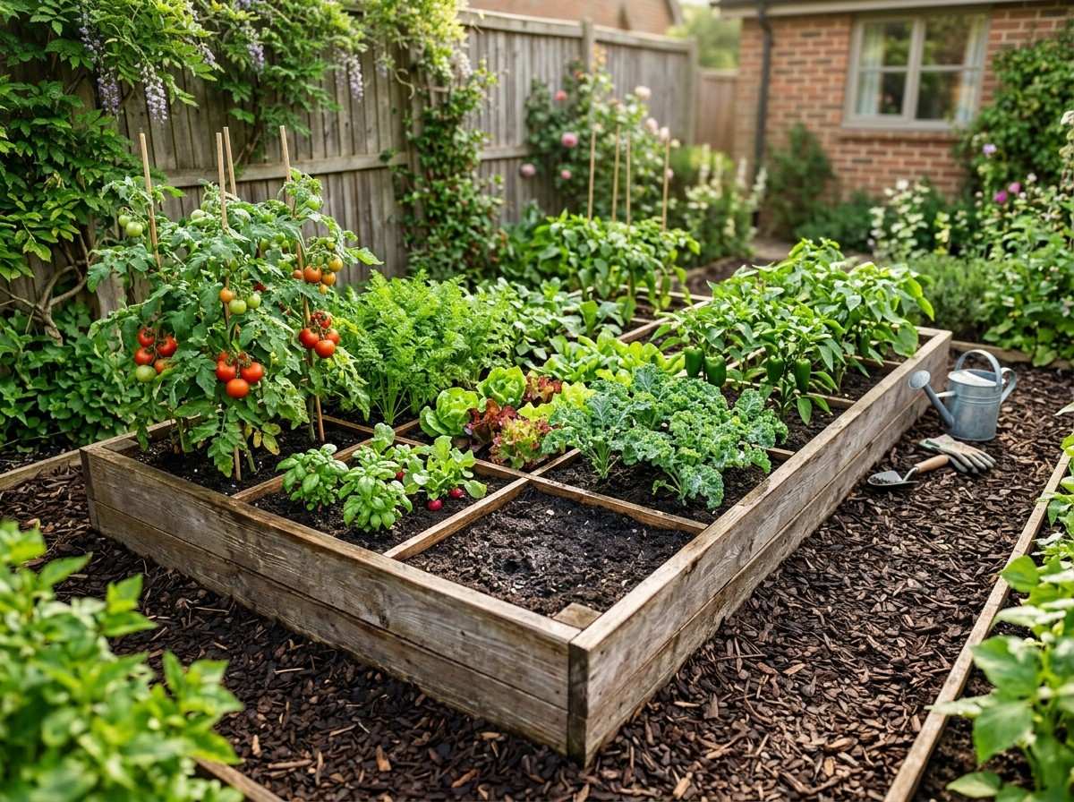 Small Vegetable Garden Ideas showing tomatoes, lettuce, herbs, and peppers growing in a small organized garden.
