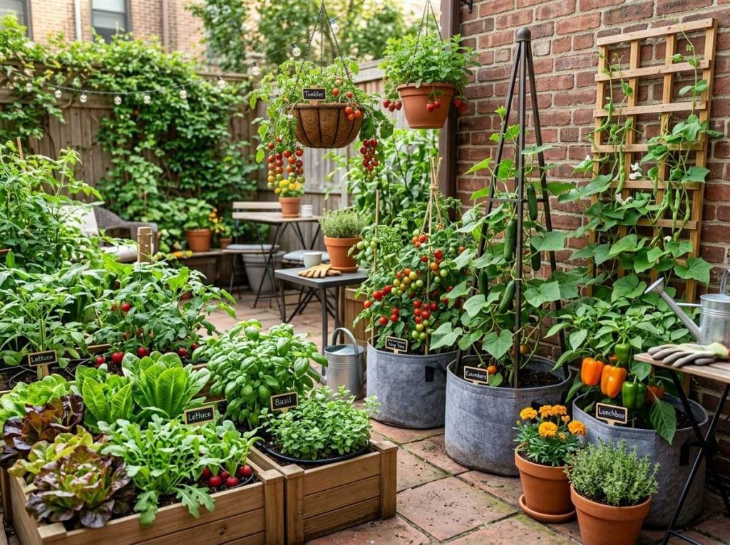 Small Vegetable Garden Ideas highlighting vertical planters and containers for growing vegetables in limited space.