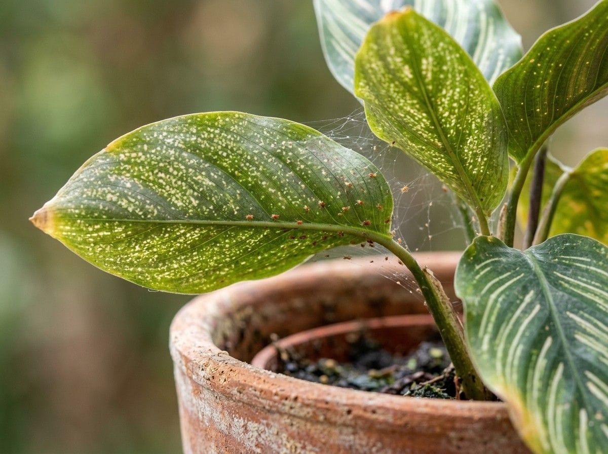 Spider Mites on Pot Plants featuring a gardener inspecting leaves for early signs of spider mite infestation.