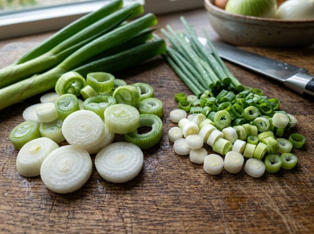 Spring Onion Vs Green Onion showing both vegetables side by side with visible differences in bulbs, stalks, and size.