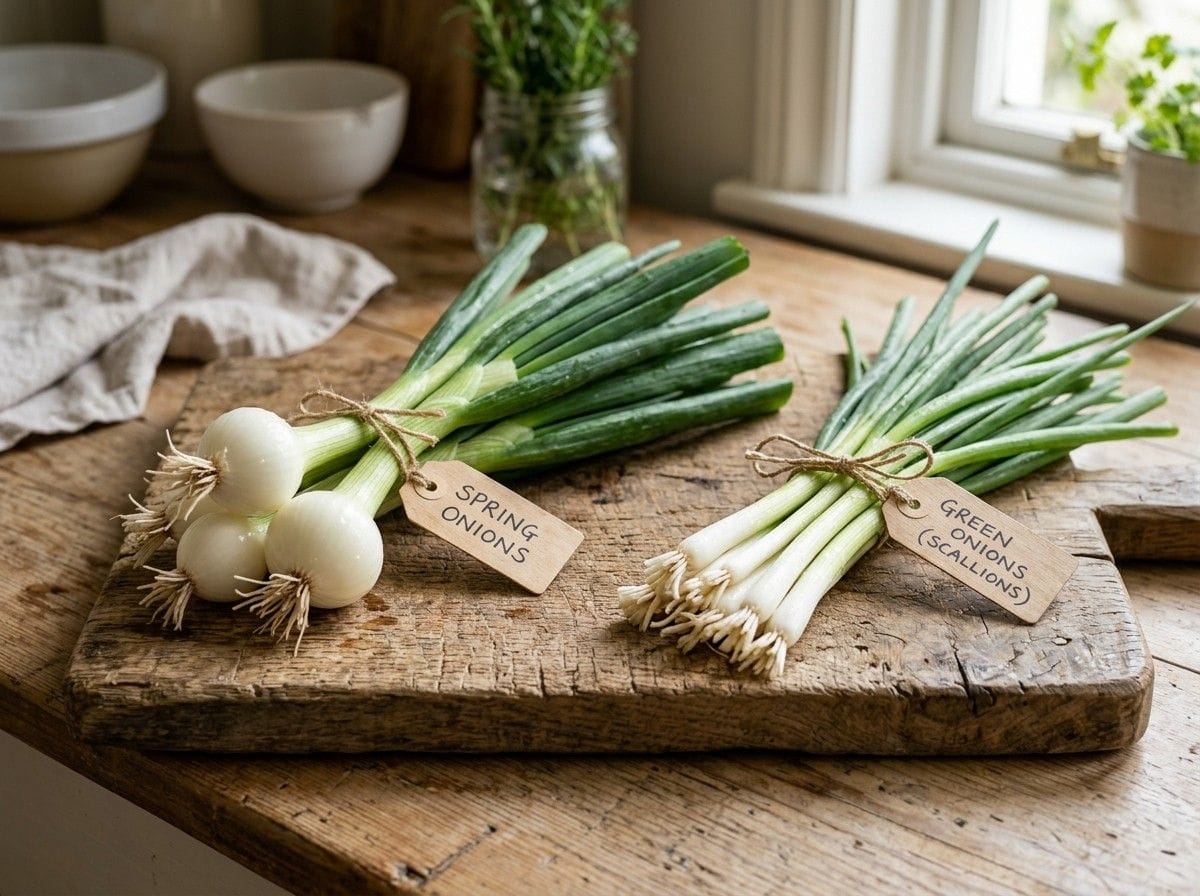 Spring Onion Vs Green Onion highlighting the unique appearance, white bulbs, and green tops of each vegetable.
