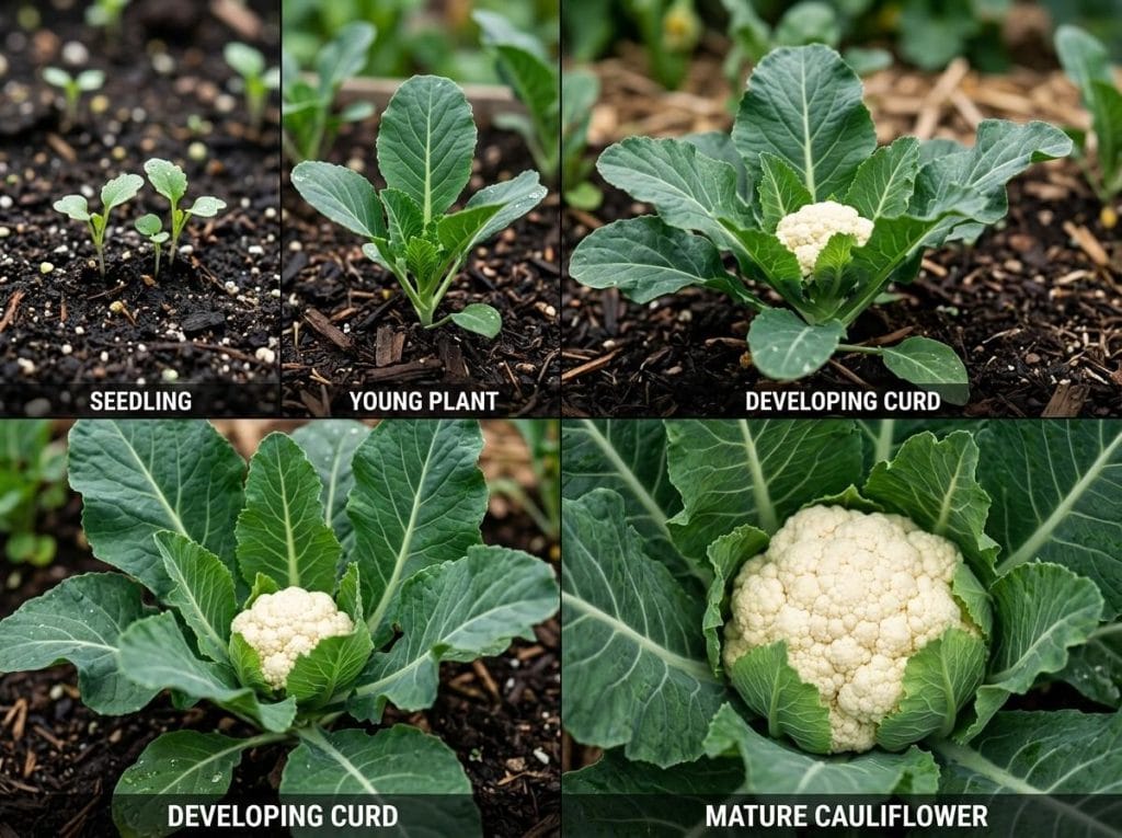 Stages of Growing Cauliflower featuring healthy seedlings growing into mature cauliflower plants with developing heads.