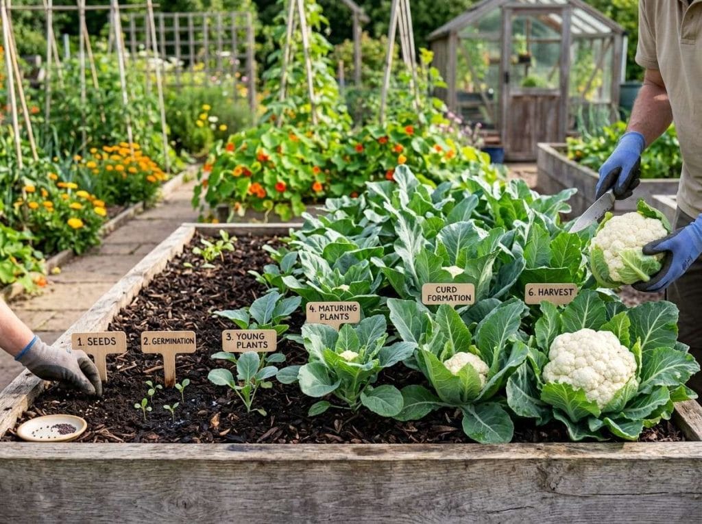 Stages of Growing Cauliflower showing cauliflower seeds, young seedlings, developing plants, and mature heads in a backyard garden.