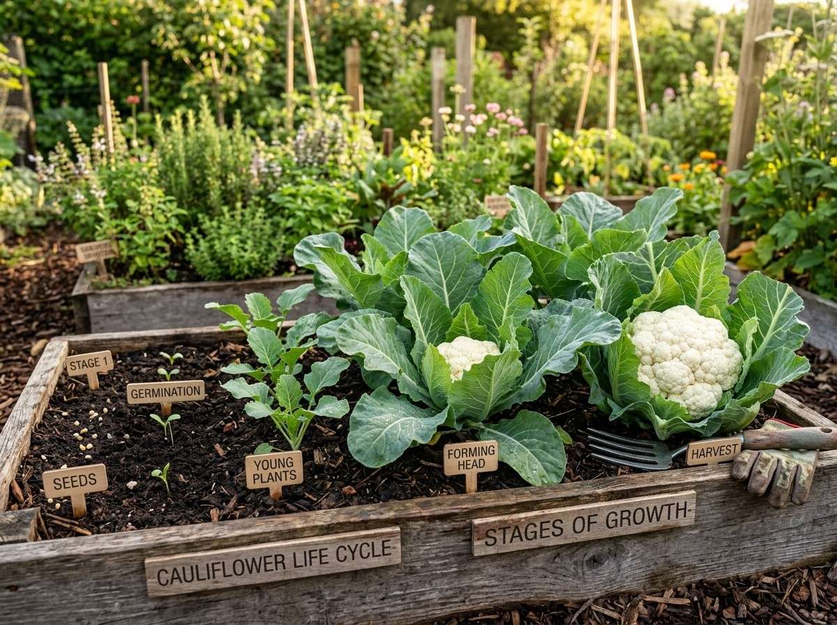 Stages of Growing Cauliflower illustrating the growth process from seed germination to harvest-ready cauliflower heads.