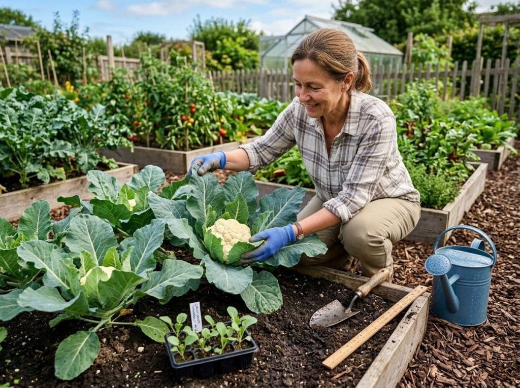 Stages of Growing Cauliflower showing young plants, expanding leaves, forming heads, and mature cauliflower ready for harvest.