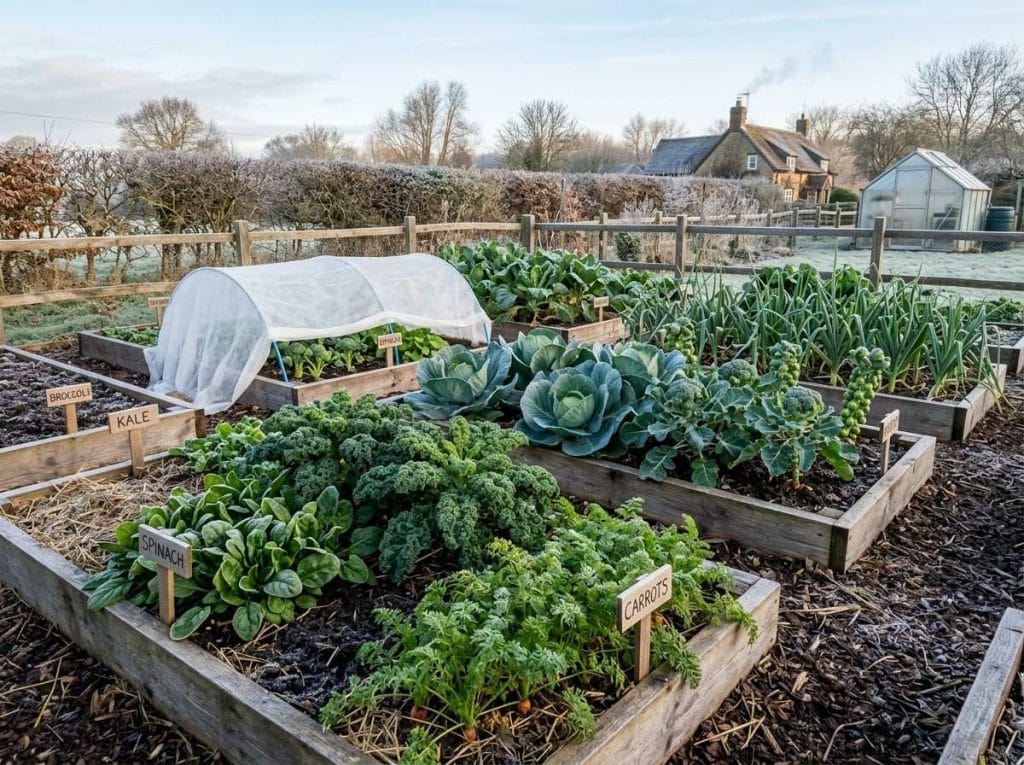 Vegetable Garden for Winter illustrating a productive cold-season garden with healthy vegetables growing in rich soil.