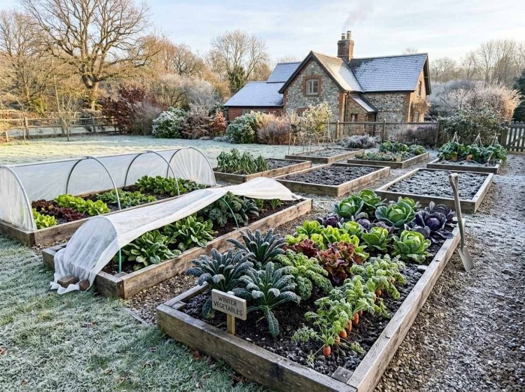 Vegetable Garden for Winter with plants protected by row covers and frost protection during cold weather.