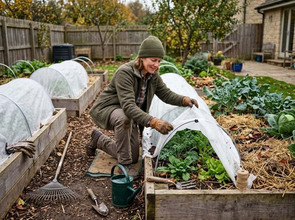 Vegetable Garden for Winter showing kale, carrots, spinach, and other winter vegetables growing in a backyard garden.