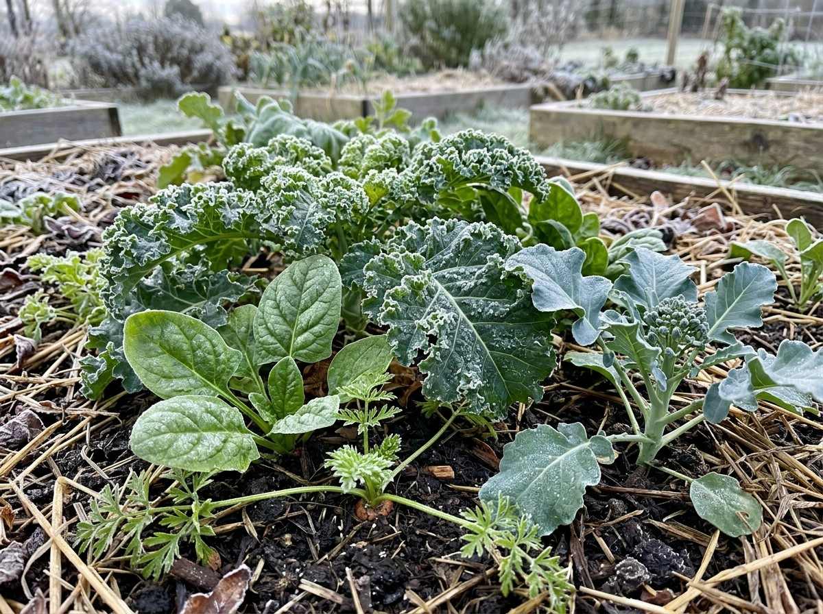 Vegetable Garden for Winter featuring cold-hardy vegetables growing in raised garden beds during the cool season.