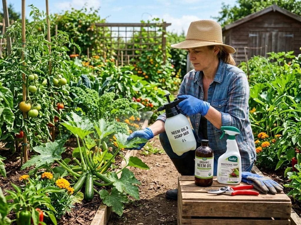 Vegetable Plant Pest And Disease Control Guide showing a gardener inspecting vegetable leaves for pests and disease symptoms.