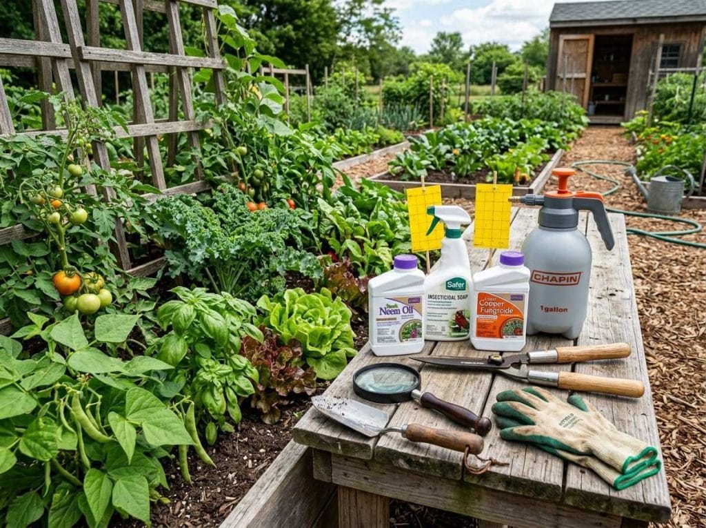 Vegetable Plant Pest And Disease Control Guide featuring healthy vegetables protected with organic pest and disease control methods.