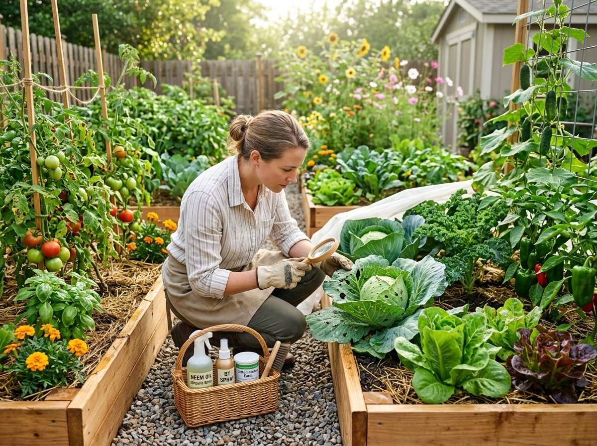 Vegetable Plant Pest And Disease Control Guide with a thriving backyard vegetable garden using preventive plant care techniques.
