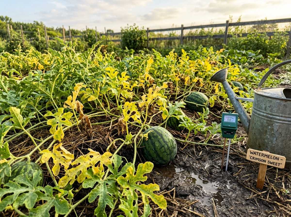 Watermelon Plant Leaves Turning Yellow caused by possible overwatering, nutrient deficiencies, or poor soil drainage.