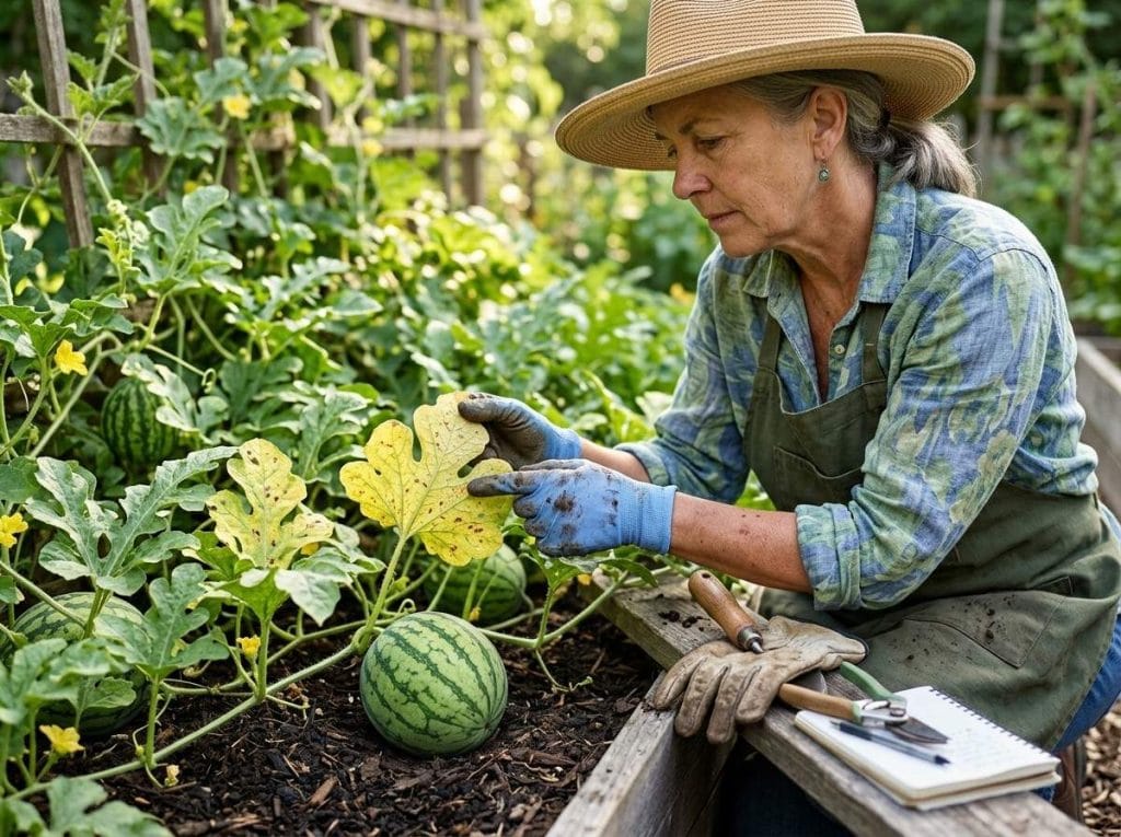 Watermelon Plant Leaves Turning Yellow with a gardener inspecting damaged foliage for signs of plant stress.