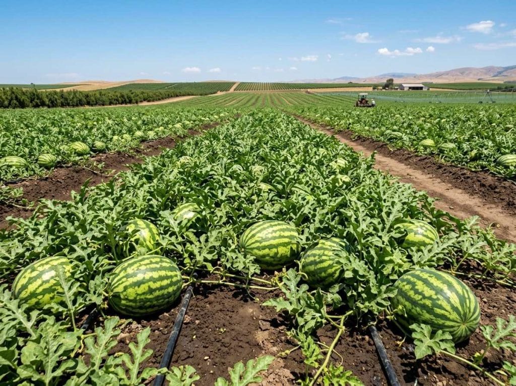Watermelon Season in California showing ripe watermelons growing in a sunny California field during summer.