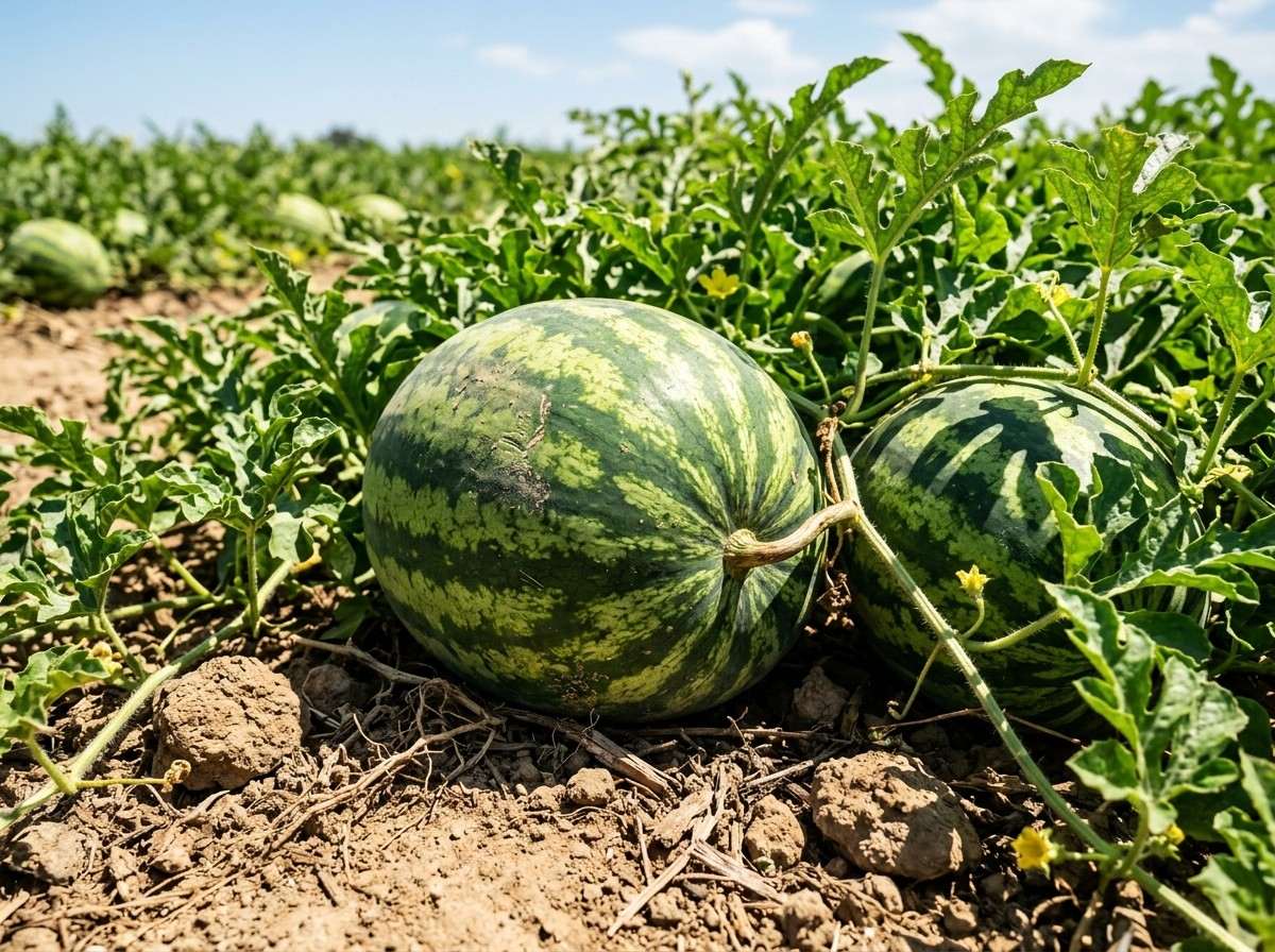 Watermelon Season in California featuring a productive watermelon farm with mature fruits ready for harvest.