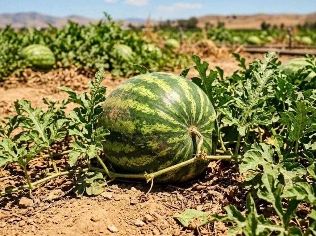 Watermelon Season in California showing freshly harvested watermelons arranged in a field under warm sunlight.