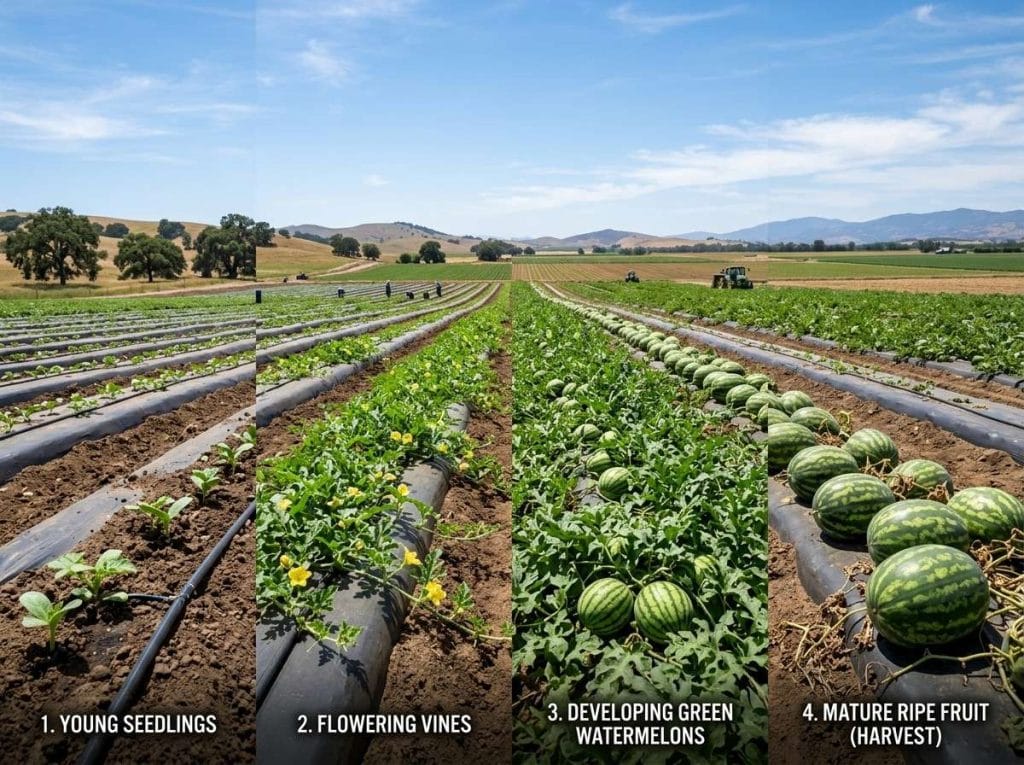 Watermelon Season in California illustrating healthy watermelon vines with large, ripe fruits growing in fertile soil.