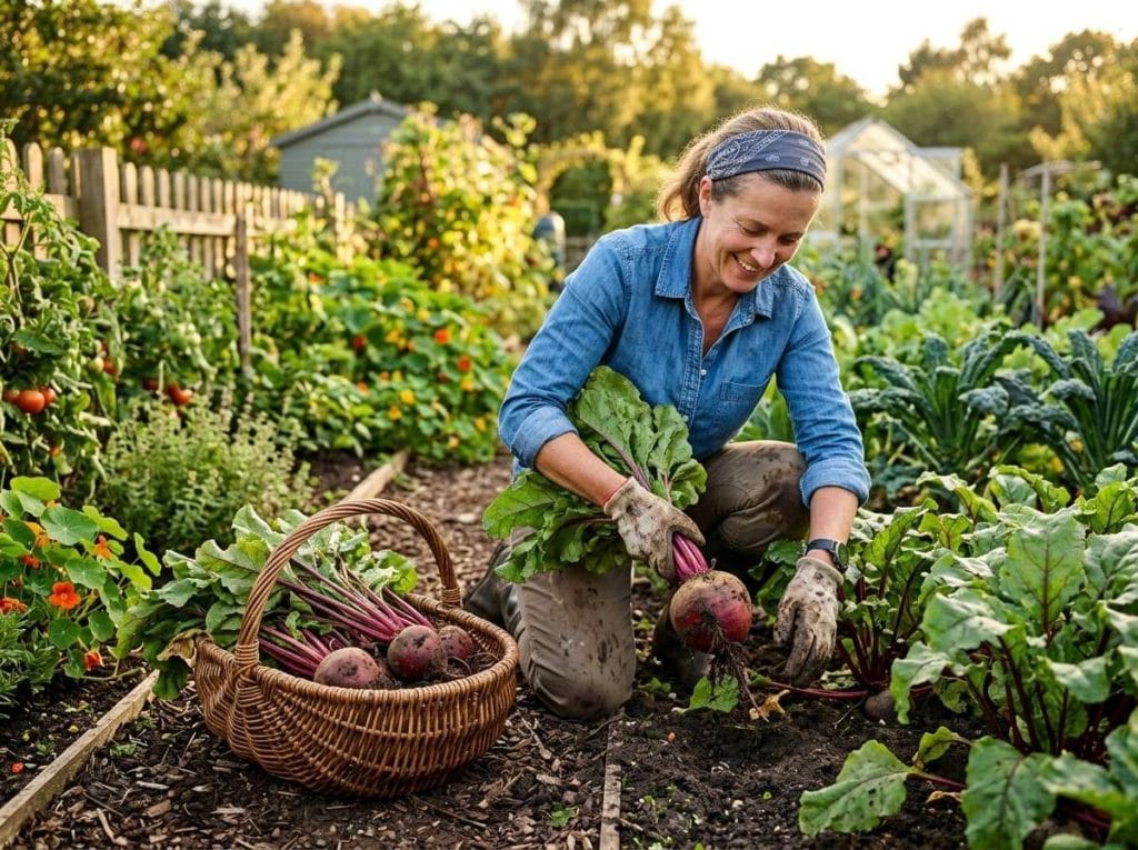 When Are Beets Ready to Harvest showing mature beet roots partially visible above the soil in a backyard garden.
