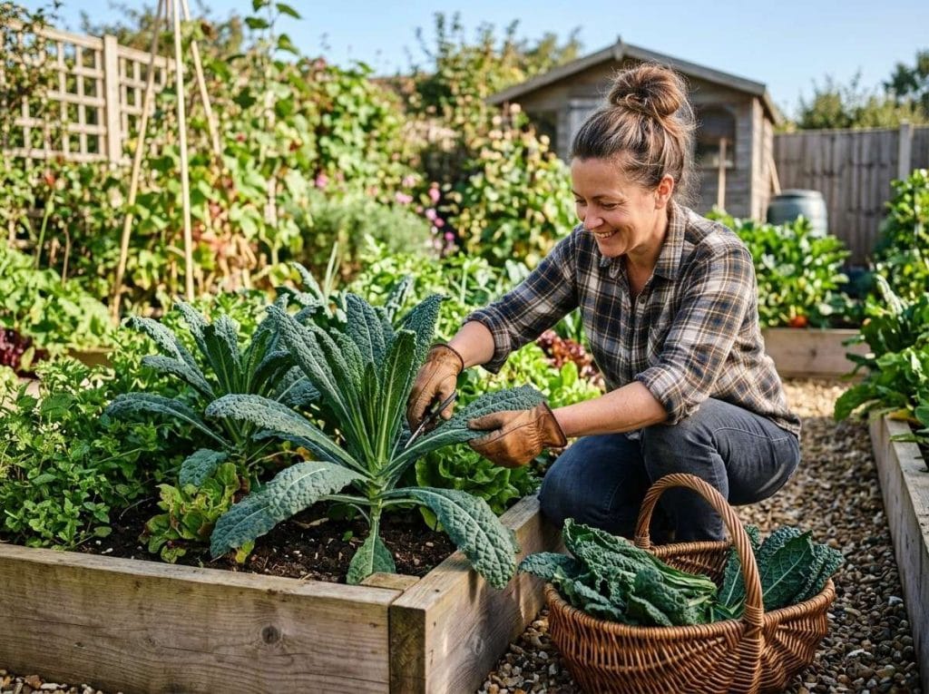 When to Harvest Kale in a raised garden bed with fresh leafy greens ready for harvest.