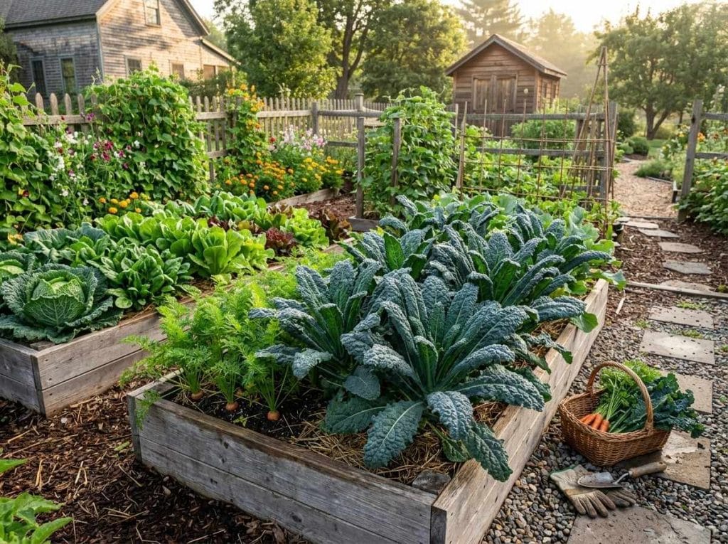 When to Harvest Kale showing mature kale leaves ready for picking in a backyard vegetable garden.