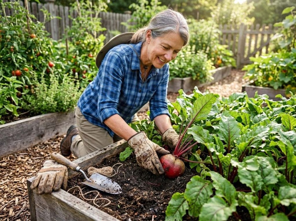 When to Harvest Red Beets featuring a gardener checking beet root size before harvesting from a raised garden bed.
