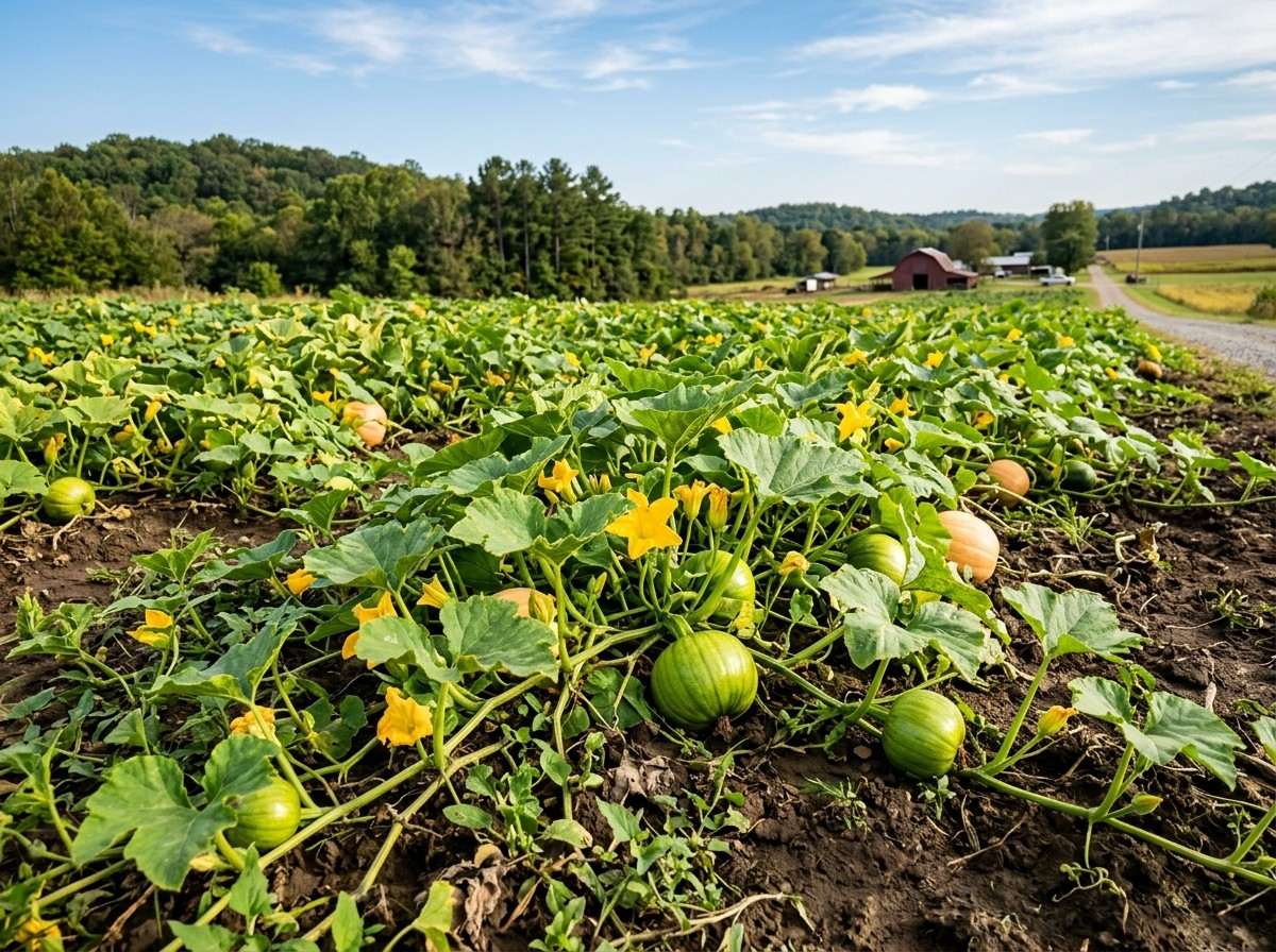 When to Plant Pumpkins in Arkansas featuring young pumpkin seedlings growing in a sunny backyard vegetable garden.
