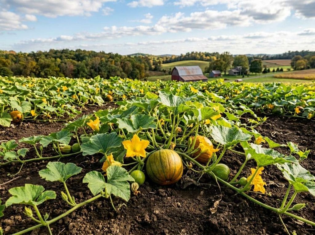 When to Plant Pumpkins in Kentucky featuring young pumpkin seedlings growing in a sunny backyard vegetable garden.