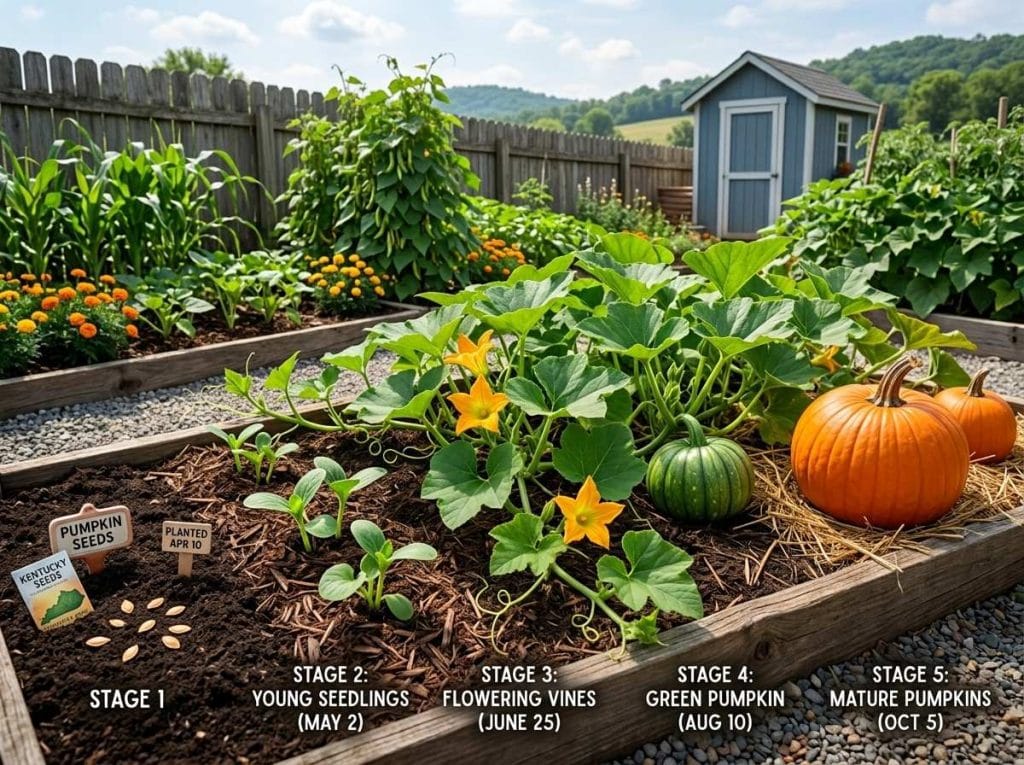 When to Plant Pumpkins in Kentucky with healthy pumpkin vines developing under warm growing conditions.