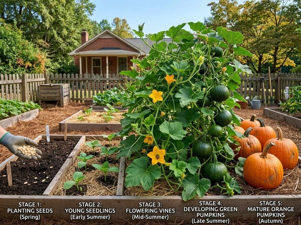 When to Plant Pumpkins in NC featuring young pumpkin seedlings growing in a sunny backyard vegetable garden.