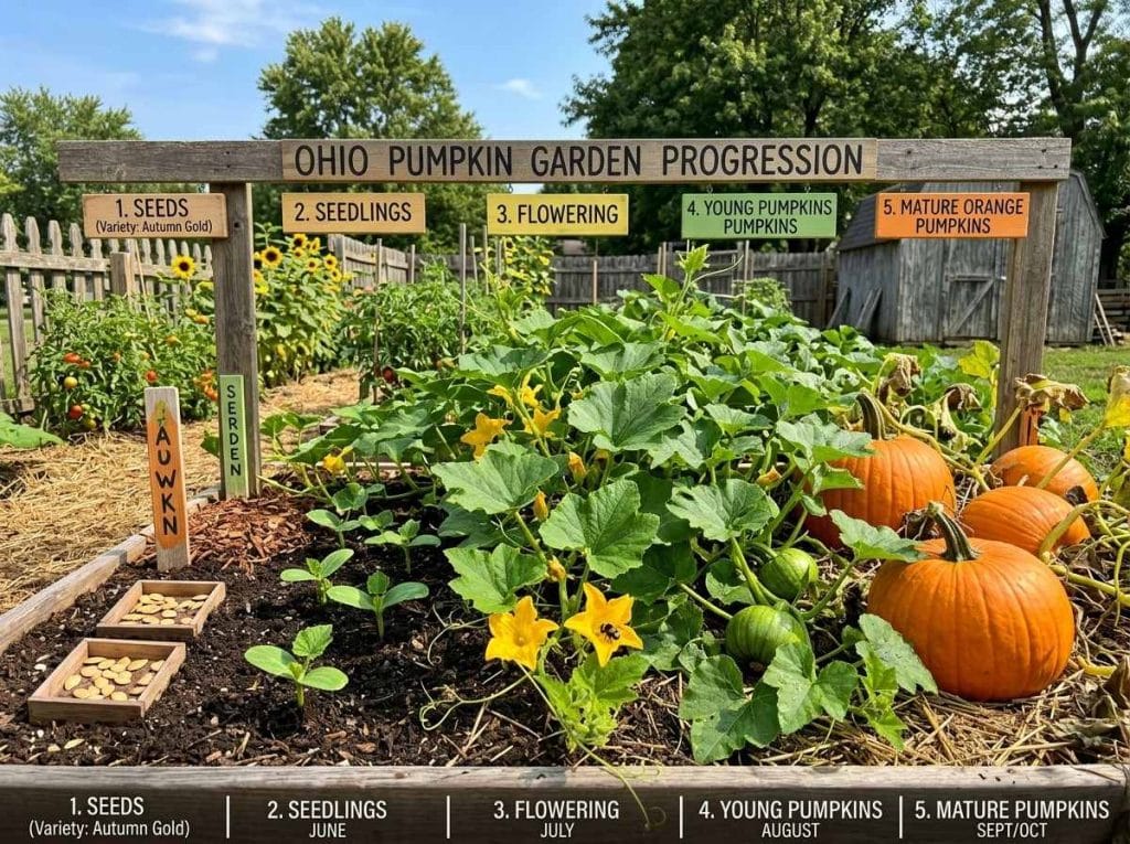 When to Plant Pumpkins in Ohio showing pumpkin seeds being planted in warm, fertile garden soil.
