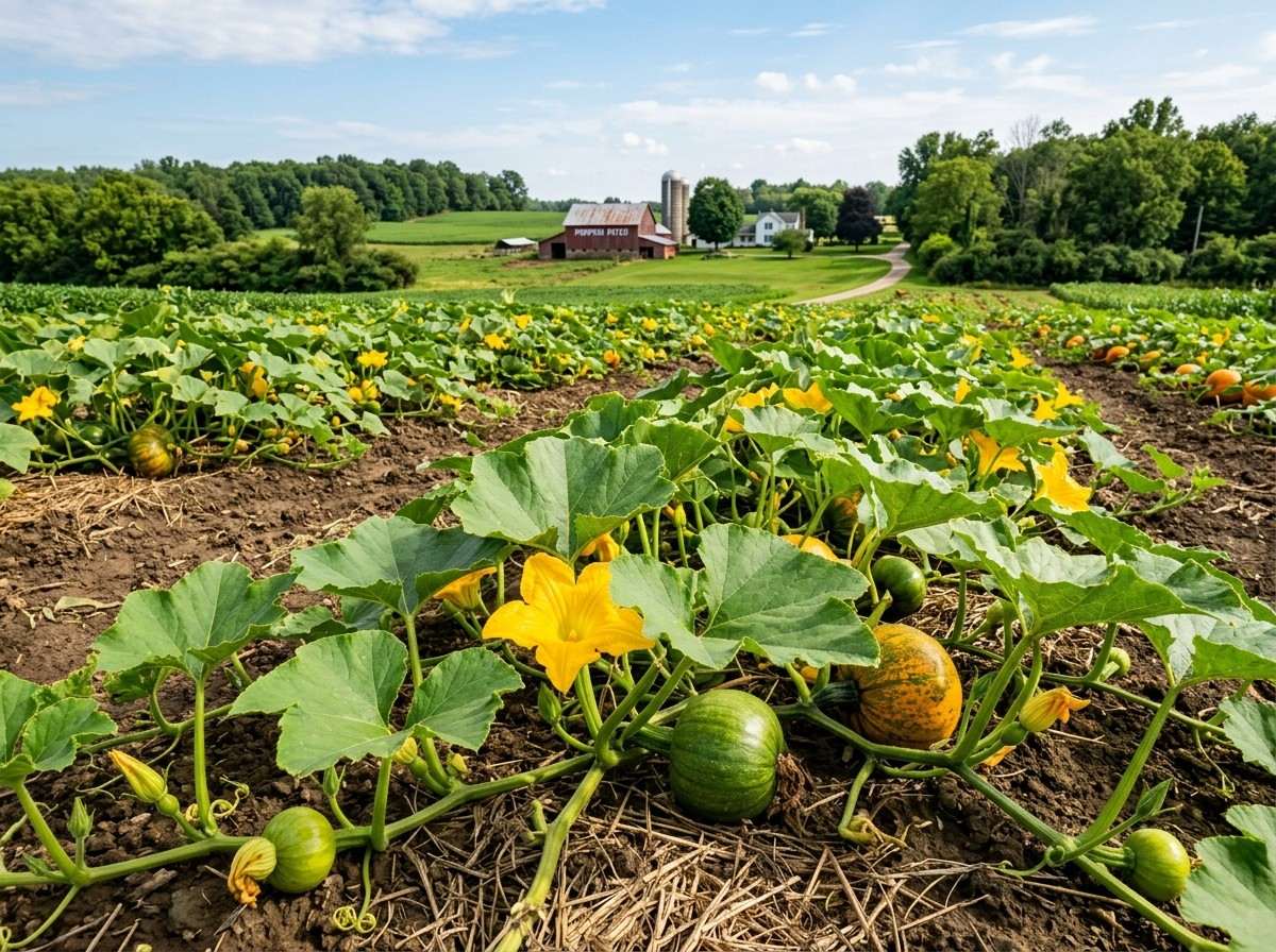 When to Plant Pumpkins in Ohio featuring young pumpkin seedlings growing in a sunny backyard vegetable garden.