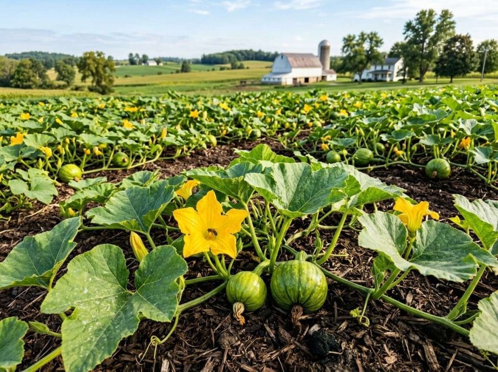 When to Plant Pumpkins in Ohio with healthy pumpkin vines developing under warm growing conditions.