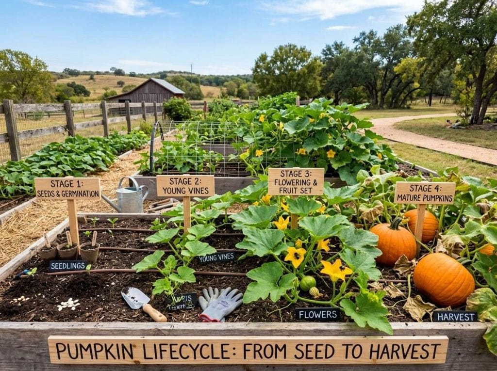 When to Plant Pumpkins in Texas featuring young pumpkin seedlings growing in a sunny backyard vegetable garden.