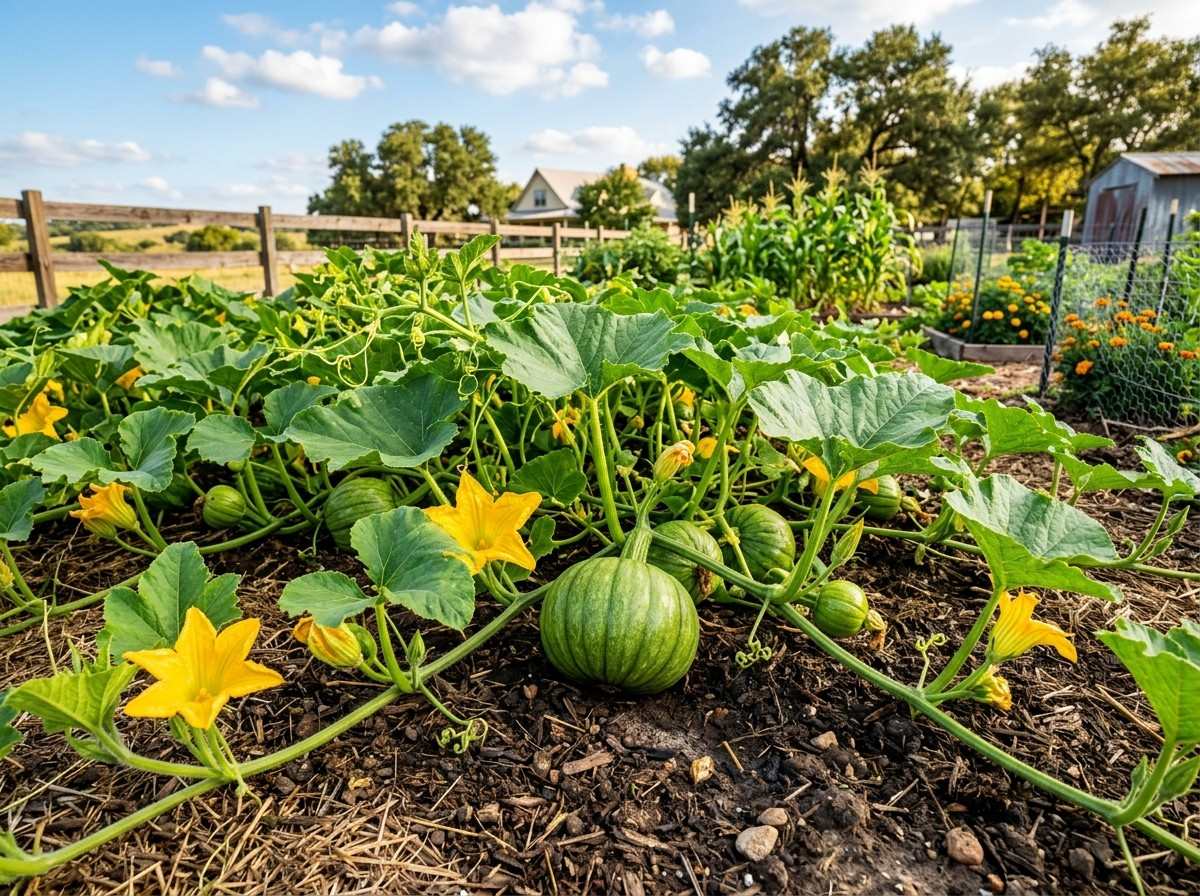 When to Plant Pumpkins in Texas with healthy pumpkin vines developing under warm growing conditions.