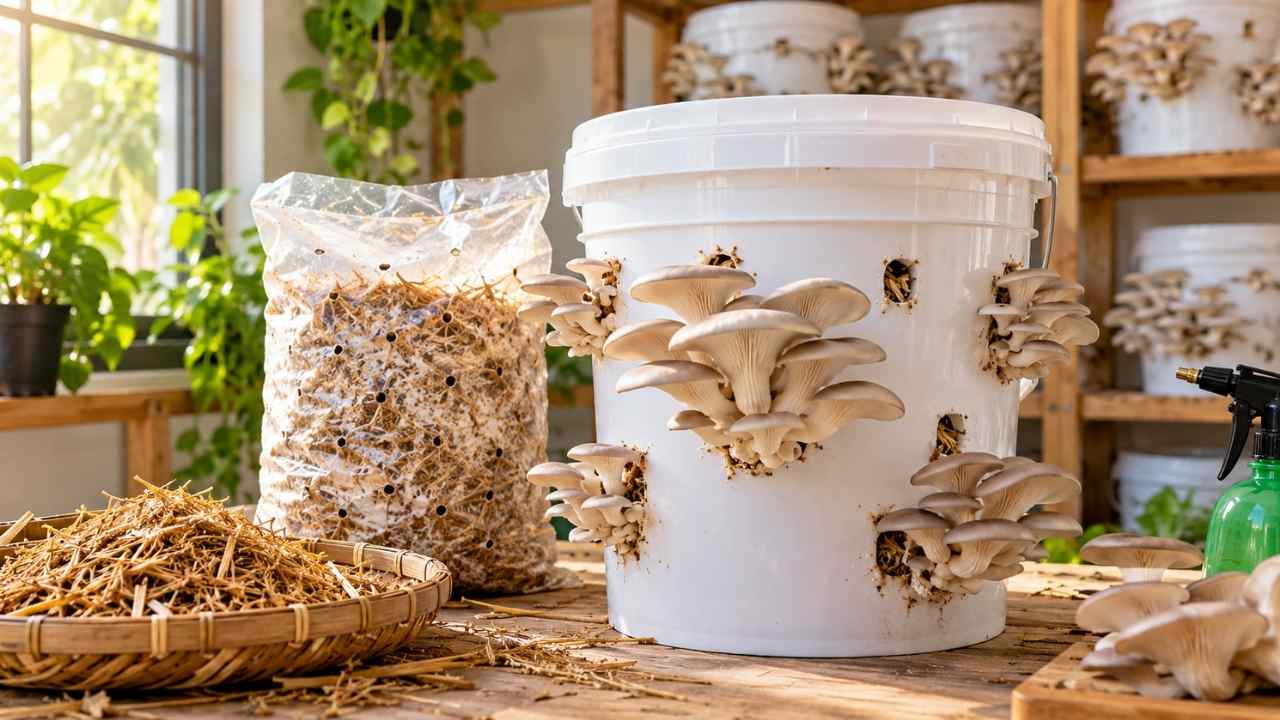 How to grow oyster mushrooms at home using a bucket and grow bag